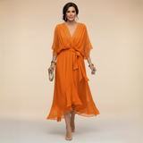 Vestito midi in mussola da donna con scollo a V e cintura