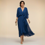 Vestito midi in mussola da donna con scollo a V e cintura