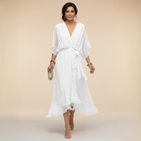 Vestito midi in mussola da donna con scollo a V e cintura