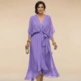 Vestito midi in mussola da donna con scollo a V e cintura