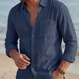 Camicia Uomo in Lino Manica Lunga Vintage con Tasca Traspirante