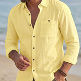 Camicia Uomo in Lino Manica Lunga Vintage con Tasca Traspirante