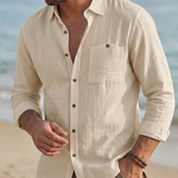 Camicia Uomo in Lino Manica Lunga Vintage con Tasca Traspirante