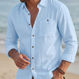 Camicia Uomo in Lino Manica Lunga Vintage con Tasca Traspirante