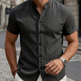 Camicia Uomo in Lino Manica Corta Colletto alla Coreana Tinta Unita Estiva