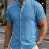 Camicia Uomo in Lino Manica Corta Colletto alla Coreana Tinta Unita Estiva